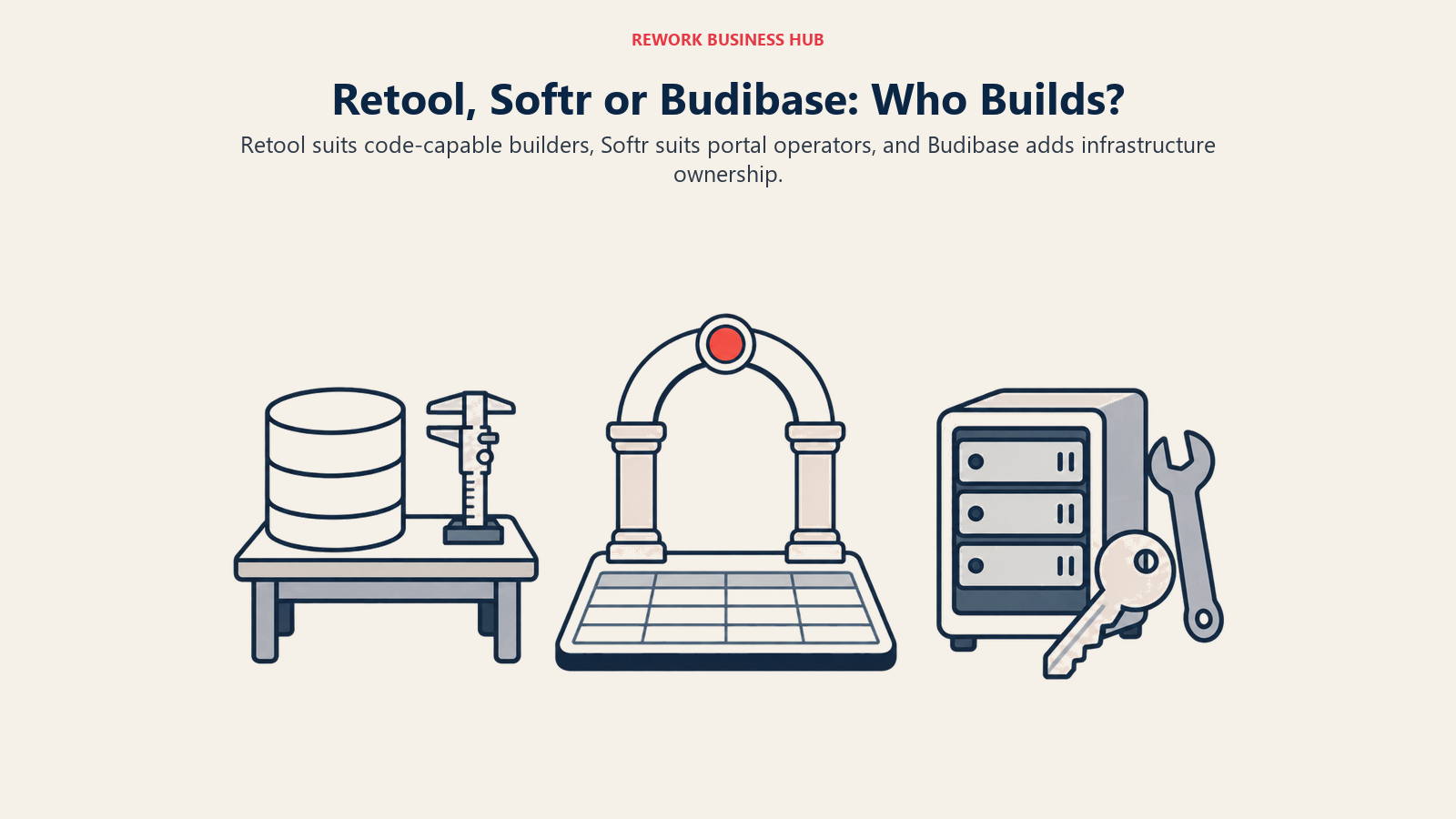 Retool query workbench, Softr portal and Budibase server ownership shown side by side