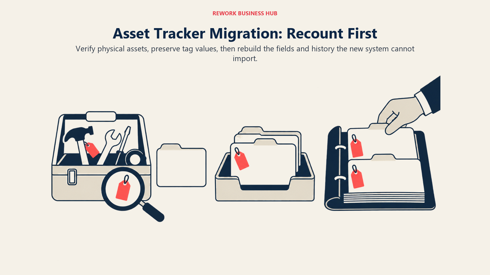 Asset migration sequence showing physical recount, preserved tags and rebuilt records