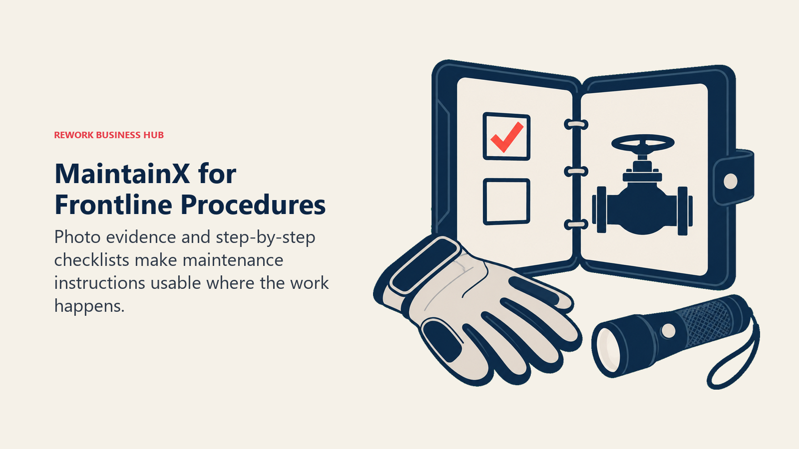 MaintainX frontline procedure folio with checklist, equipment image and inspection tools