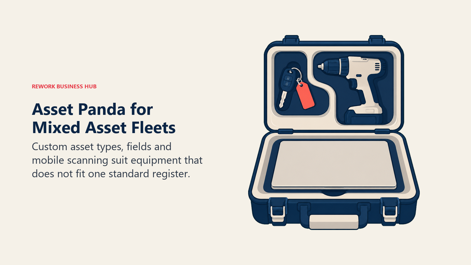 Mixed fleet case holding a vehicle key, power tool and laptop for Asset Panda tracking