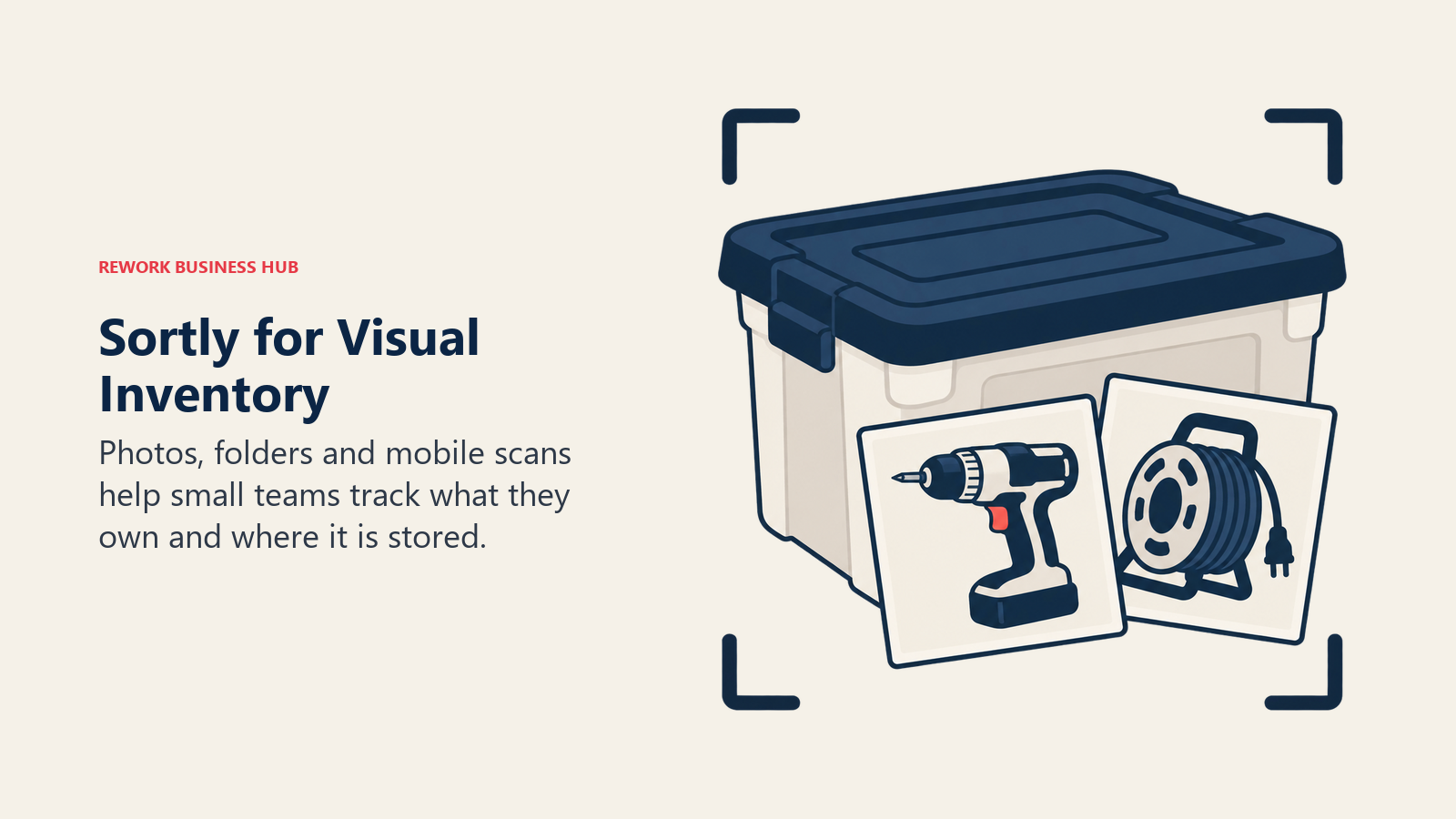 Sortly photo-based inventory with equipment photographs matched to a storage bin