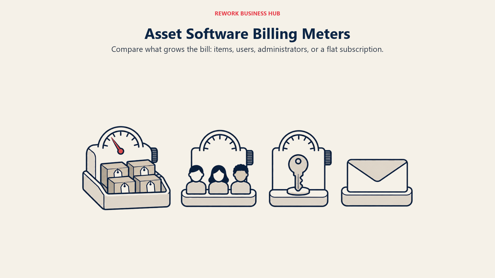 Asset Software Billing Meters: Compare what grows the bill: items, users, administrators, or a flat subscription.