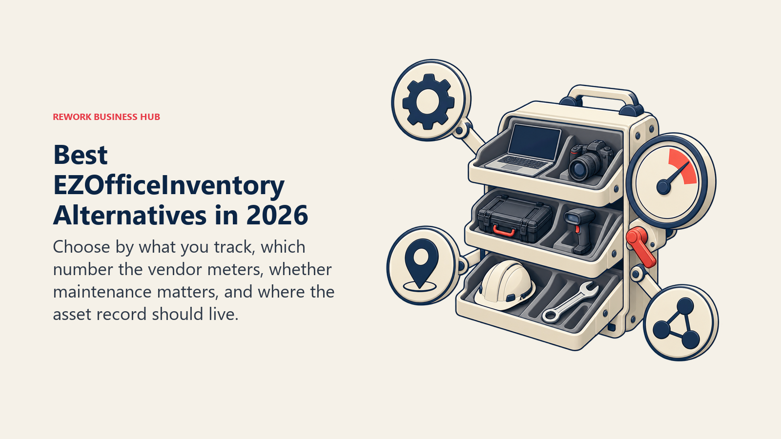 Best EZOfficeInventory alternatives shown as an asset cabinet outgrowing its item-count meter and opening paths to unlimited tracking, maintenance, and integrated operations