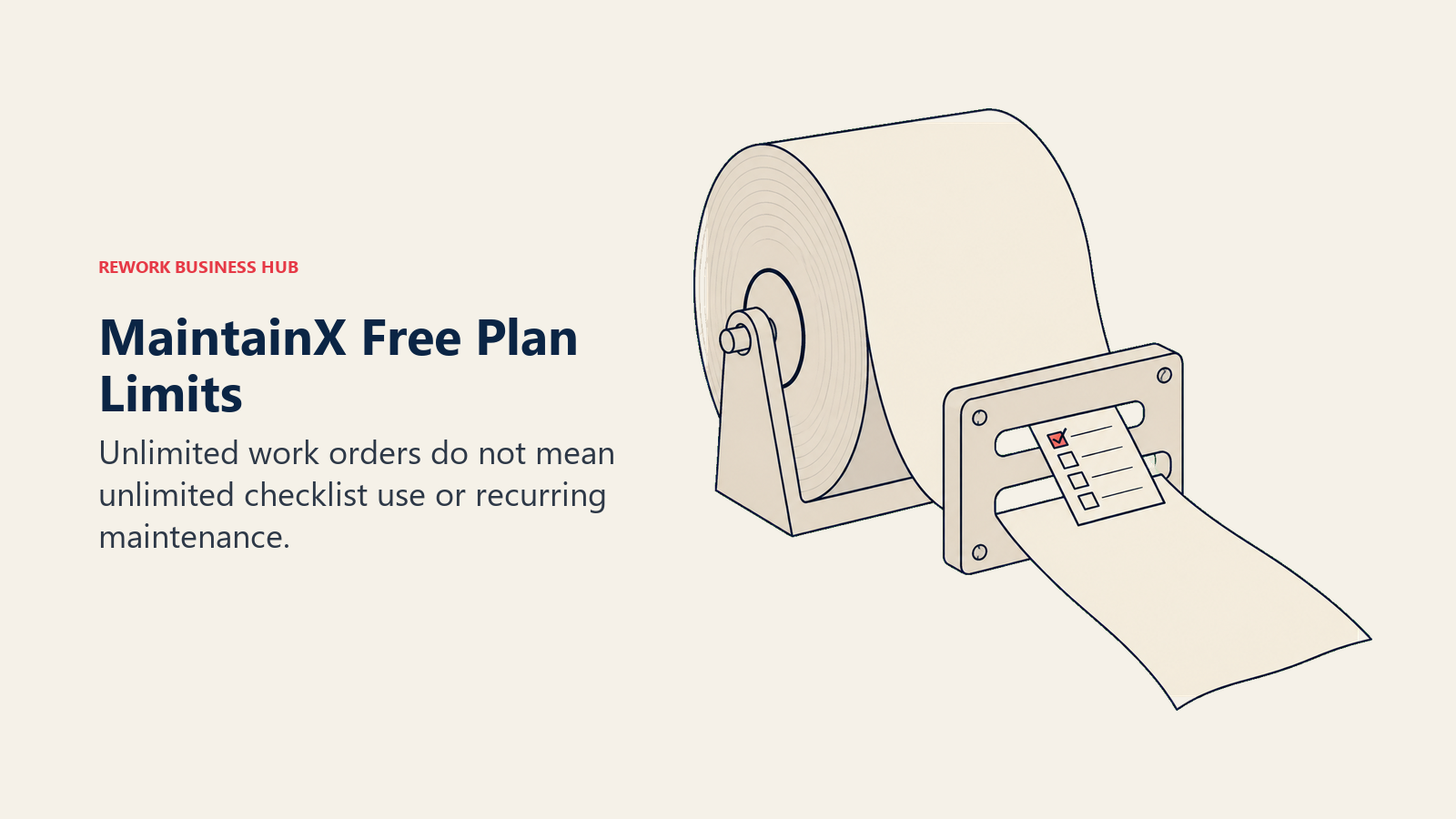 Work-order paper roll meeting a narrow checklist gate, illustrating MaintainX free-plan limits