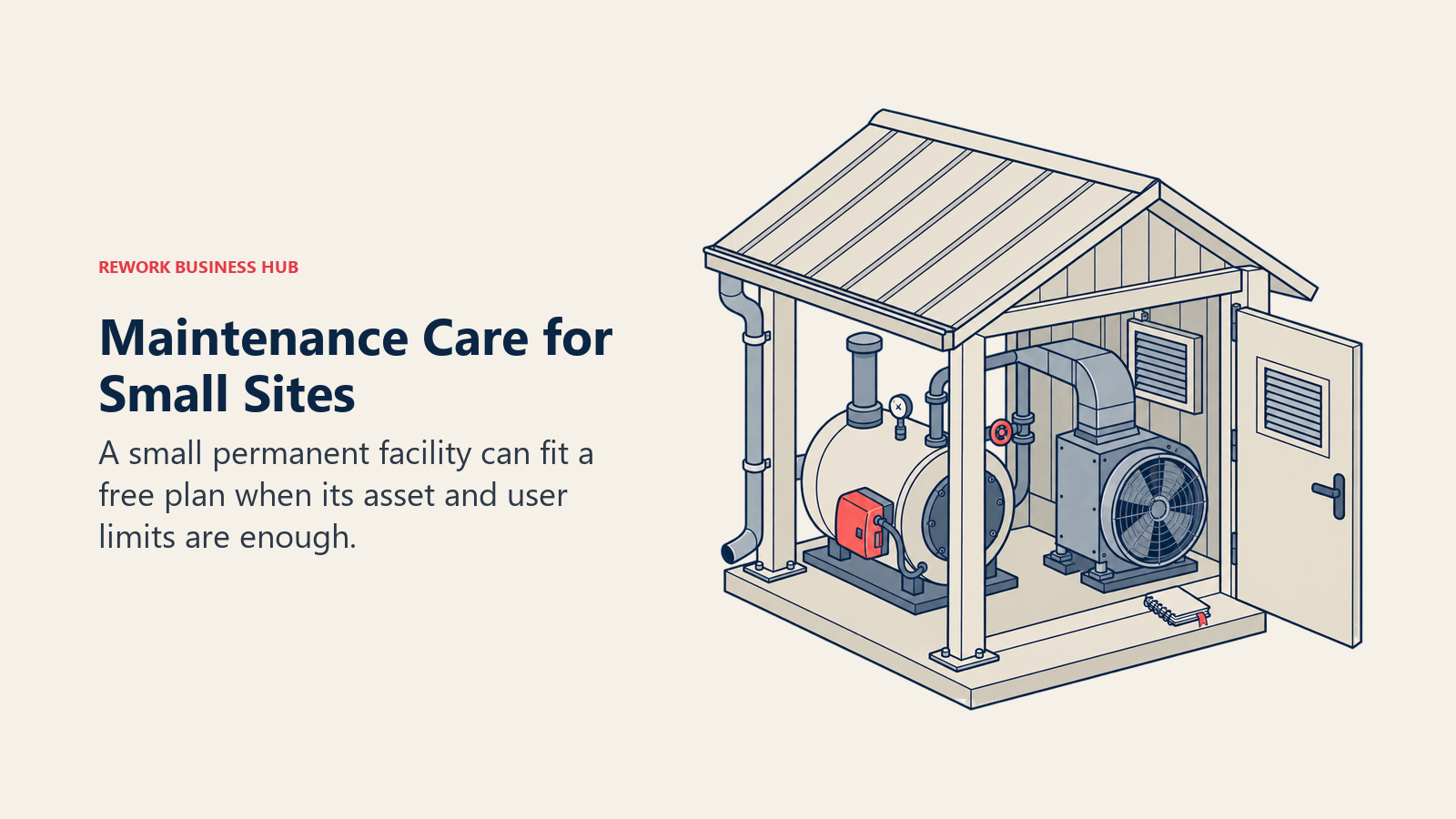 Small facility with a boiler, ventilation equipment, and maintenance notebook for Maintenance Care