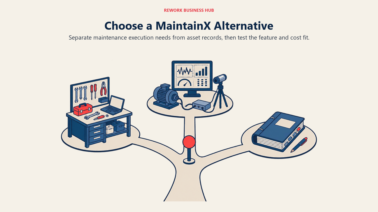 Three maintenance decision paths leading to work execution, reliability monitoring, and asset records