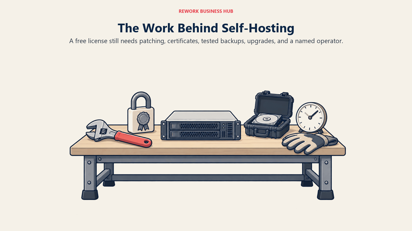 The Work Behind Self-Hosting: A free license still needs patching, certificates, tested backups, upgrades, and a named operator.