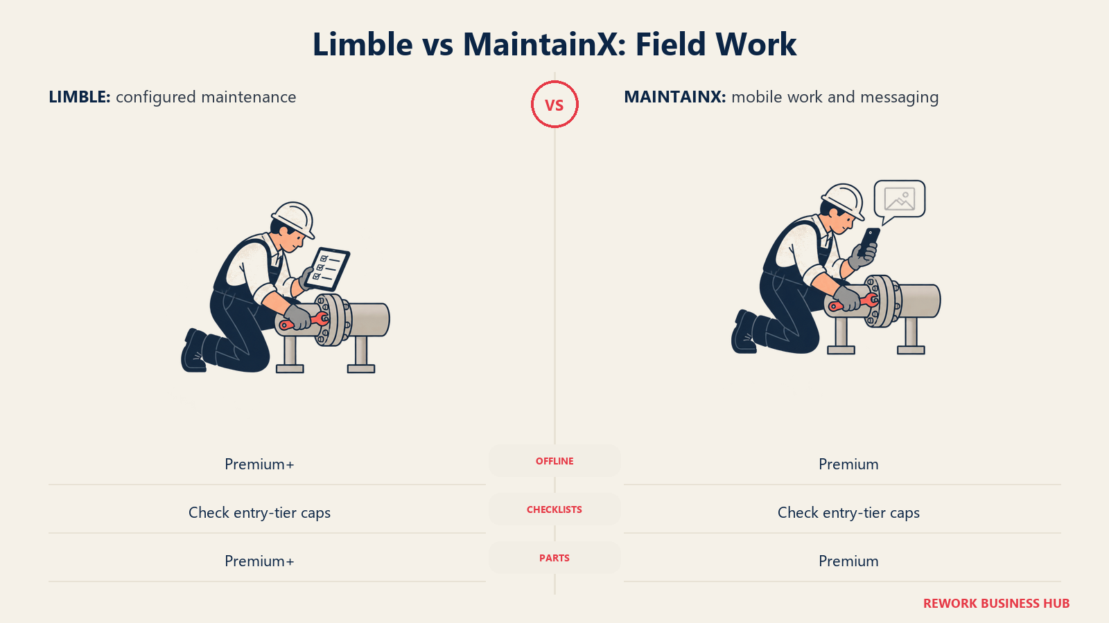 Limble vs MaintainX: Kerja Lapangan: Uji kerja luar talian, senarai semak, alat ganti dan pemesejan pada peringkat sebenar yang akan digunakan pasukan anda.