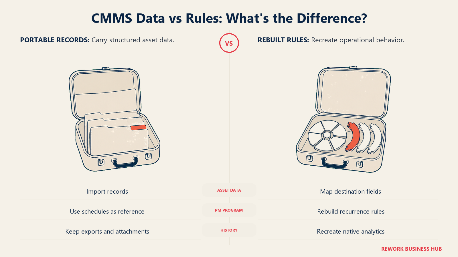 Portable asset records and rebuilt schedule pieces illustrating CMMS migration