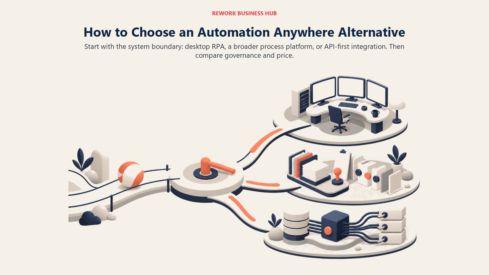 Automation platform decision landscape separating desktop RPA, process platforms, and API-first integration routes