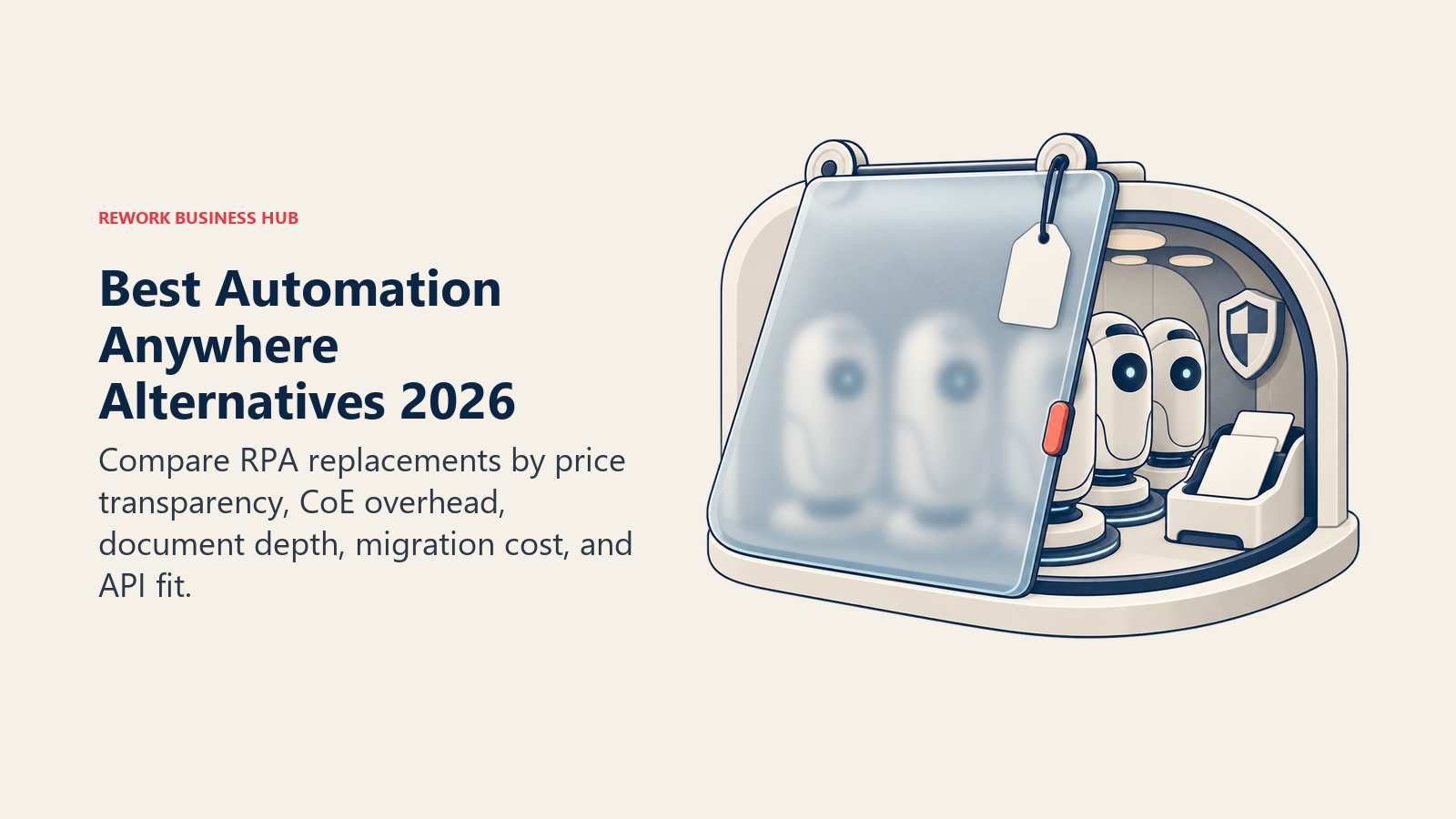 Best Automation Anywhere alternatives 2026 shown as a capable cloud bot hangar obscured by an opaque procurement shutter