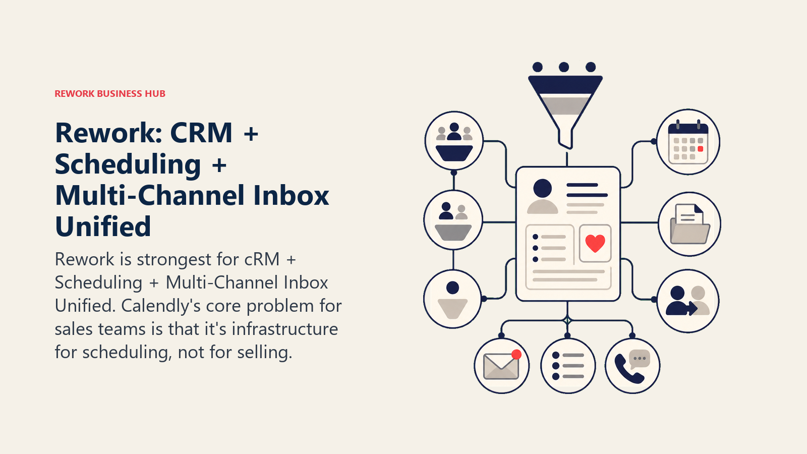 Rework: CRM + Scheduling + Multi-Channel Inbox Unified illustrated with funnel system