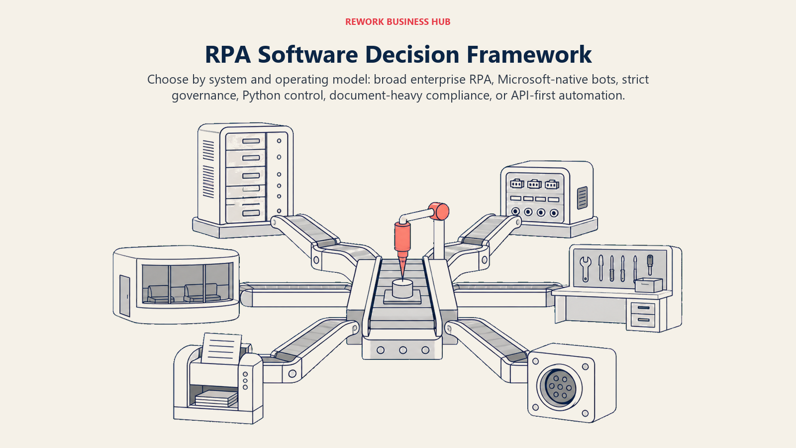 RPA platform selector routing ecosystem breadth, Microsoft fit, governance, Python control, document compliance, and API-first automation