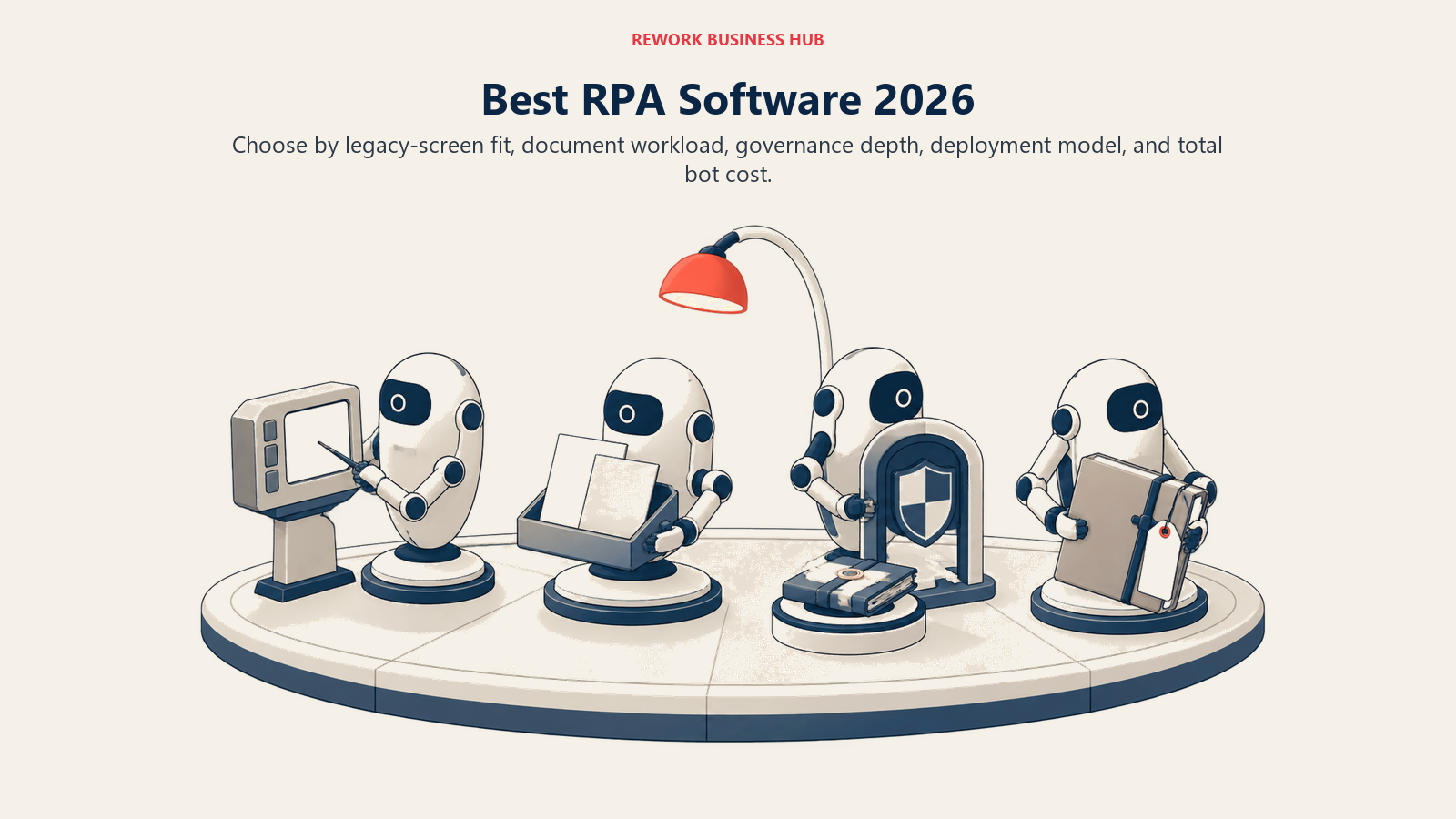 Best RPA software 2026 shown as a fleet inspection bay testing bots against legacy screens, documents, governance, and procurement fit