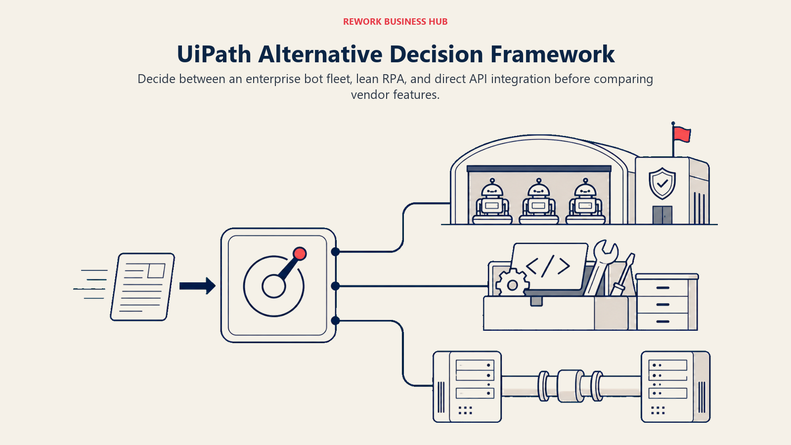 UiPath alternative decision framework branching a work packet into enterprise bot fleet, lean RPA, and direct API routes