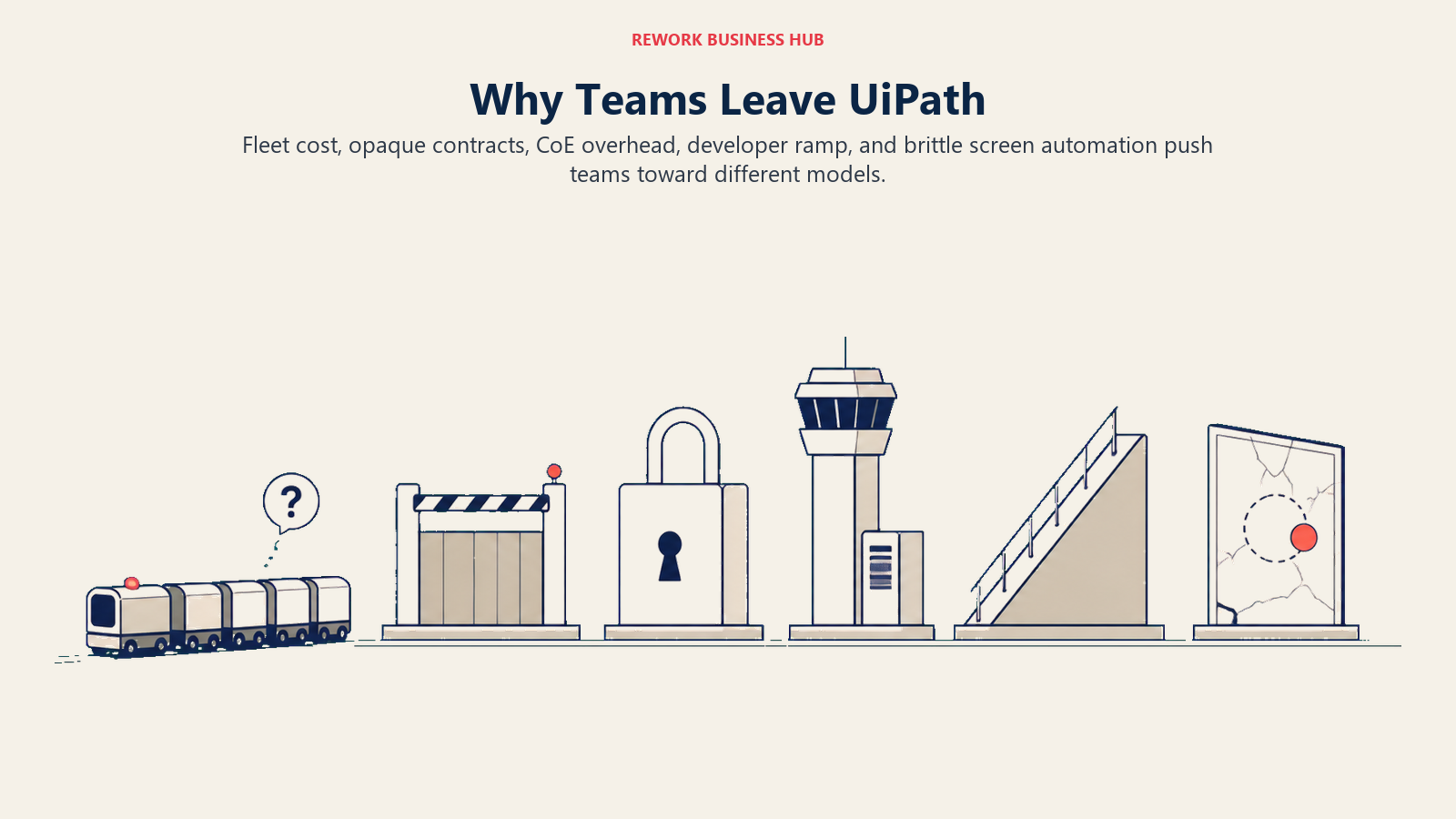 Why teams leave UiPath shown as an automation fleet facing cost, contract, governance, learning, and screen-fragility barriers