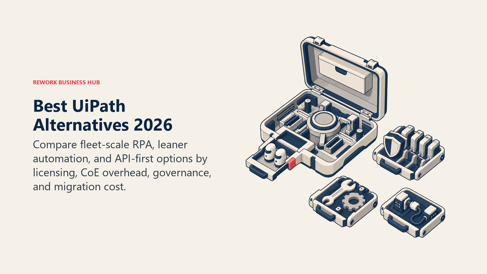 Best UiPath alternatives 2026 shown as a large automation platform case with a capped two-bot entry dock and three replacement modules
