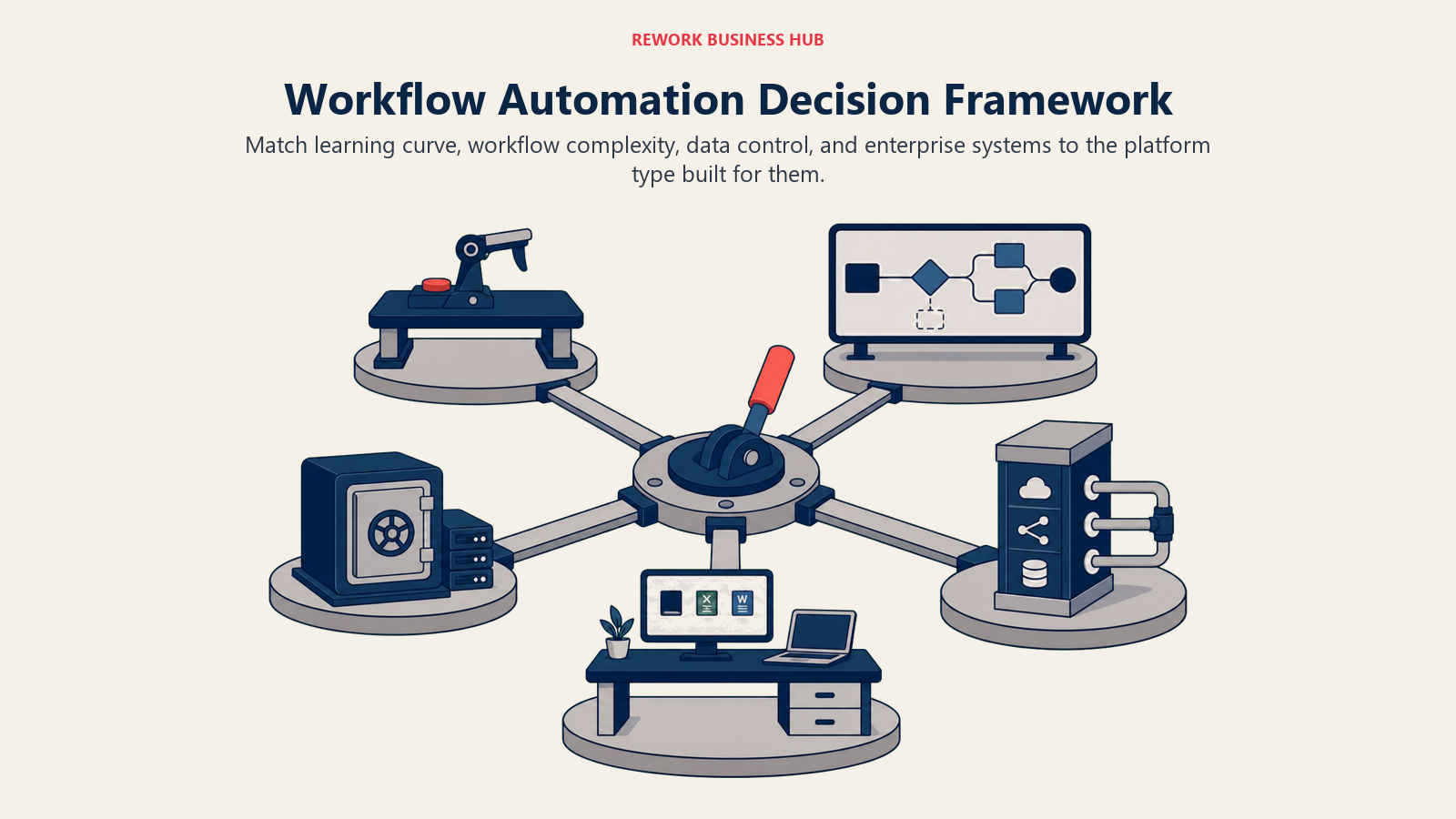 Workflow automation decision framework routing teams to no-code, visual, self-hosted, enterprise, and Microsoft-native platforms