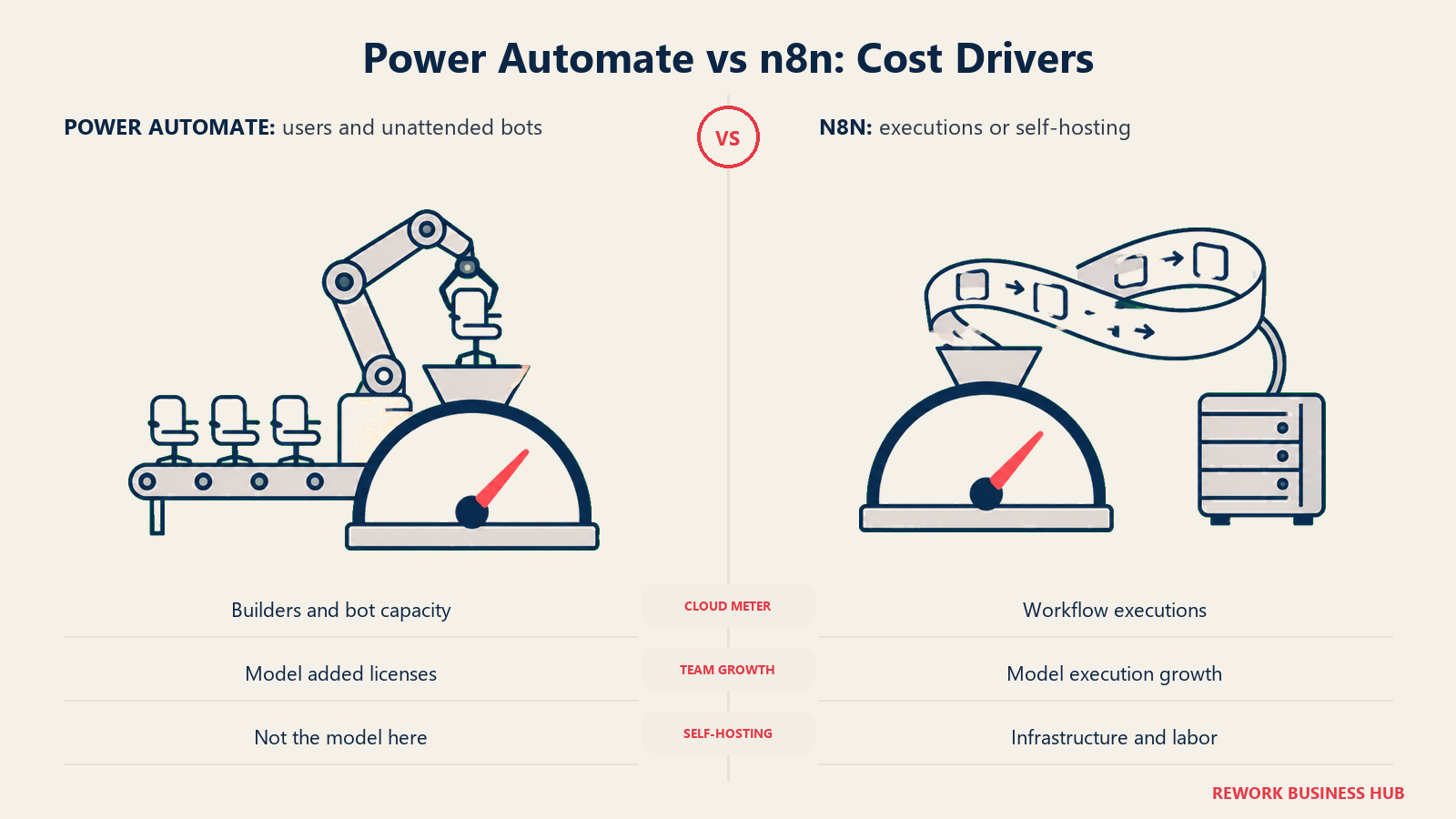 Power Automate vs n8n: Cost Drivers: Model builders and unattended bots for Power Automate, and executions or hosting for n8n.