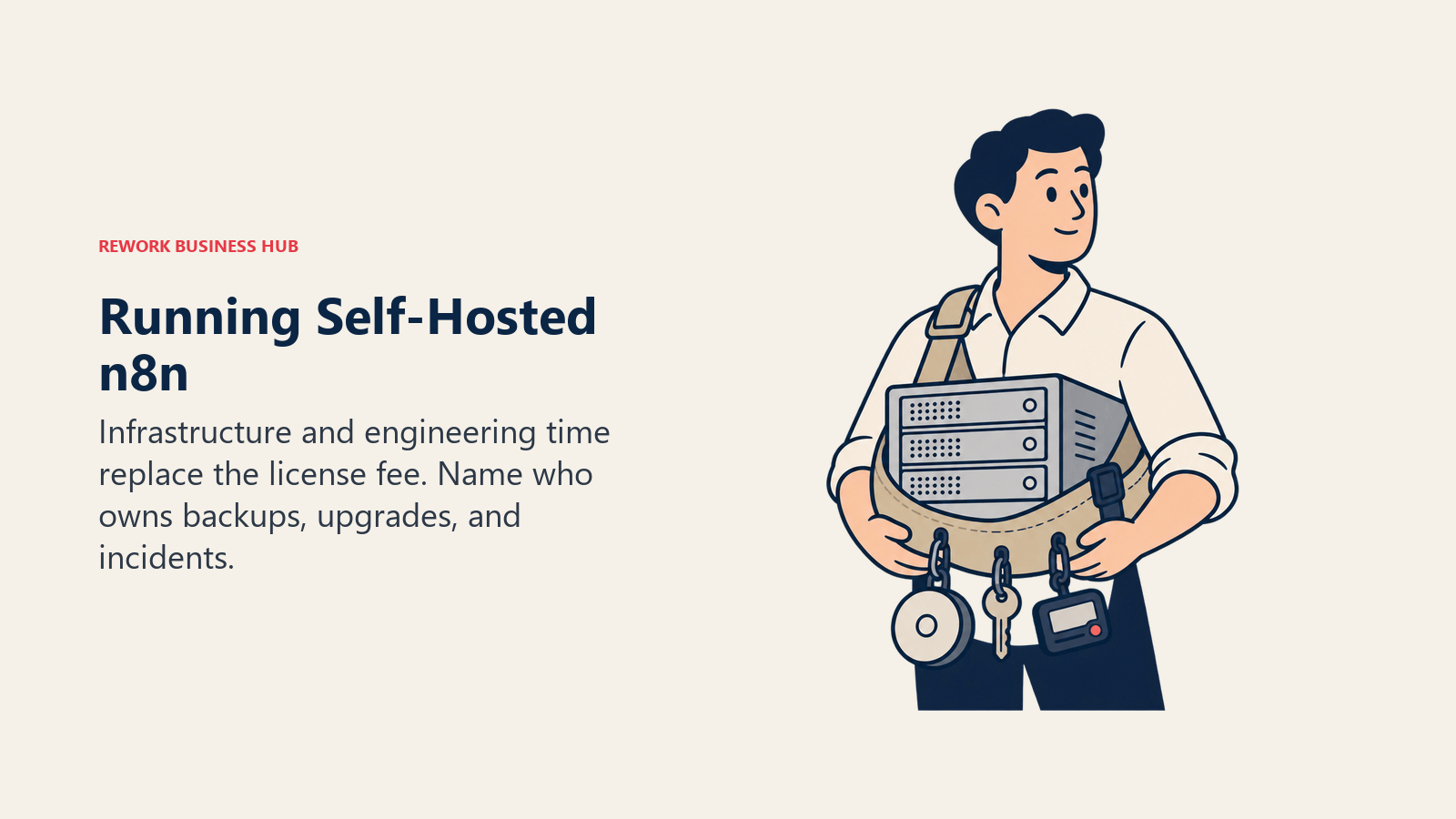 Running Self-Hosted n8n: Infrastructure and engineering time replace the license fee. Name who owns backups, upgrades, and incidents.