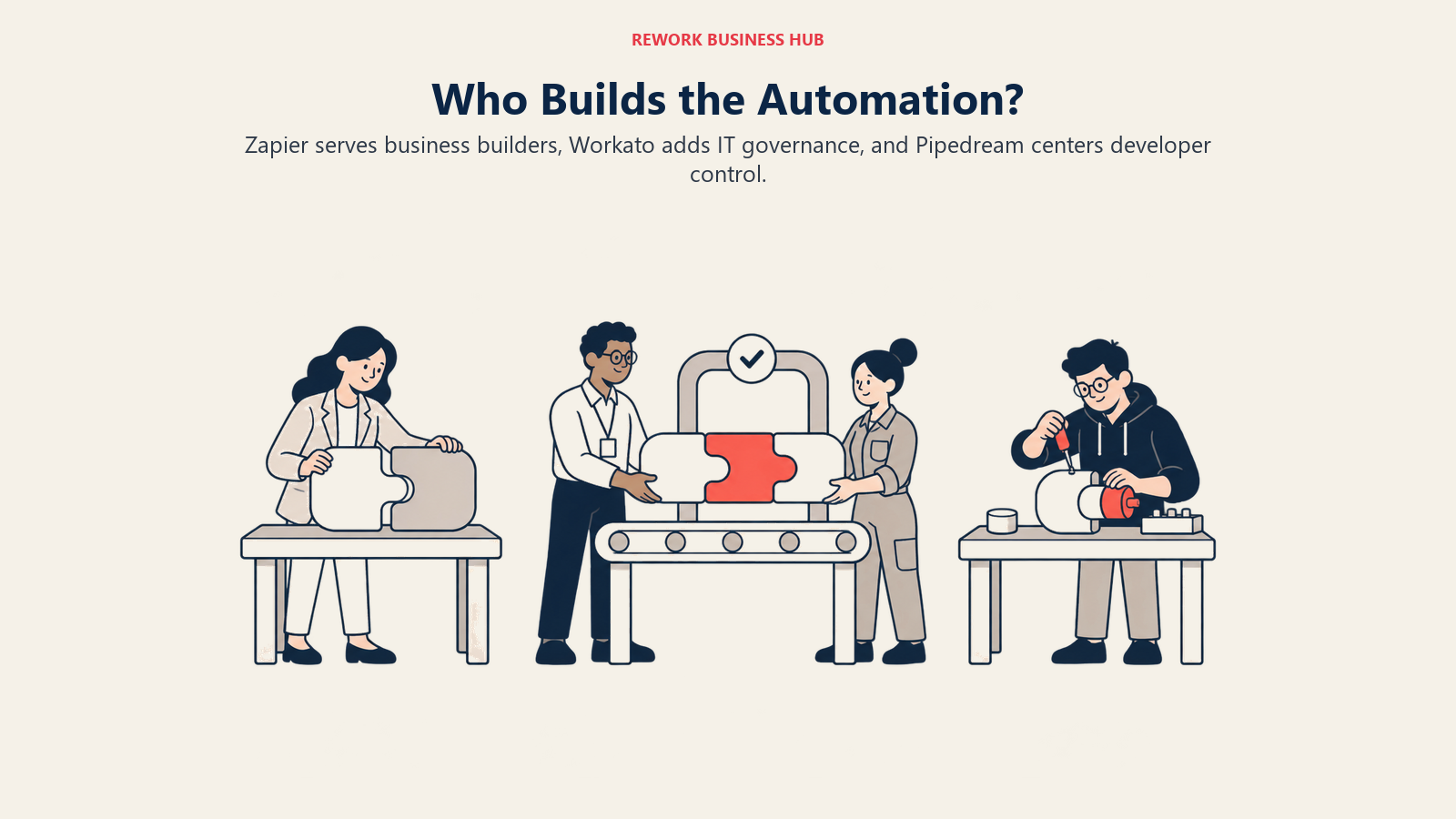 Who Builds the Automation?: Zapier serves business builders, Workato adds IT governance, and Pipedream centers developer control.