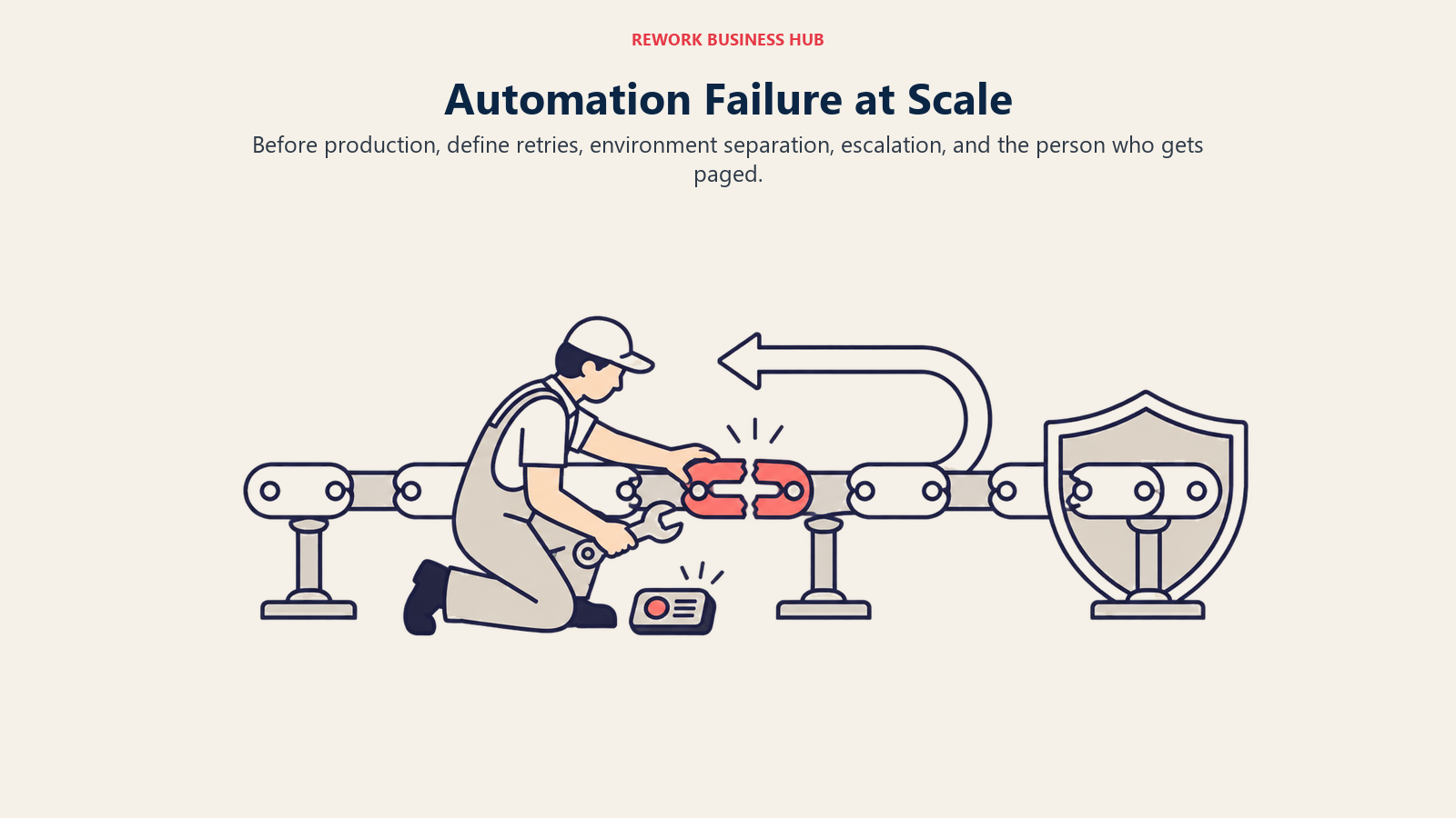 Automation Failure at Scale: Before production, define retries, environment separation, escalation, and the person who gets paged.