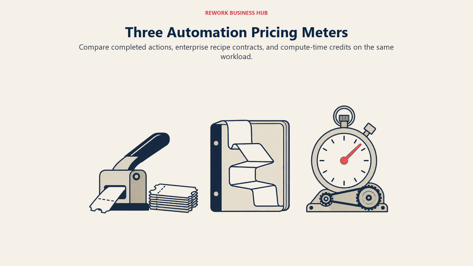 Three Automation Pricing Meters: Compare completed actions, enterprise recipe contracts, and compute-time credits on the same workload.