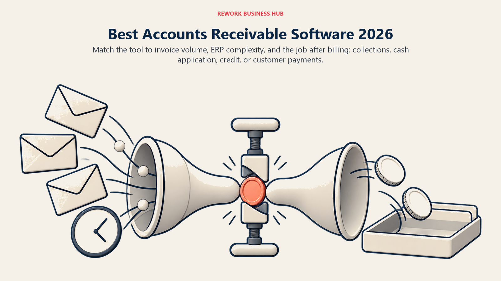 Best accounts receivable software shown as a blocked invoice-to-cash conduit releasing overdue invoices into a reconciled cash tray