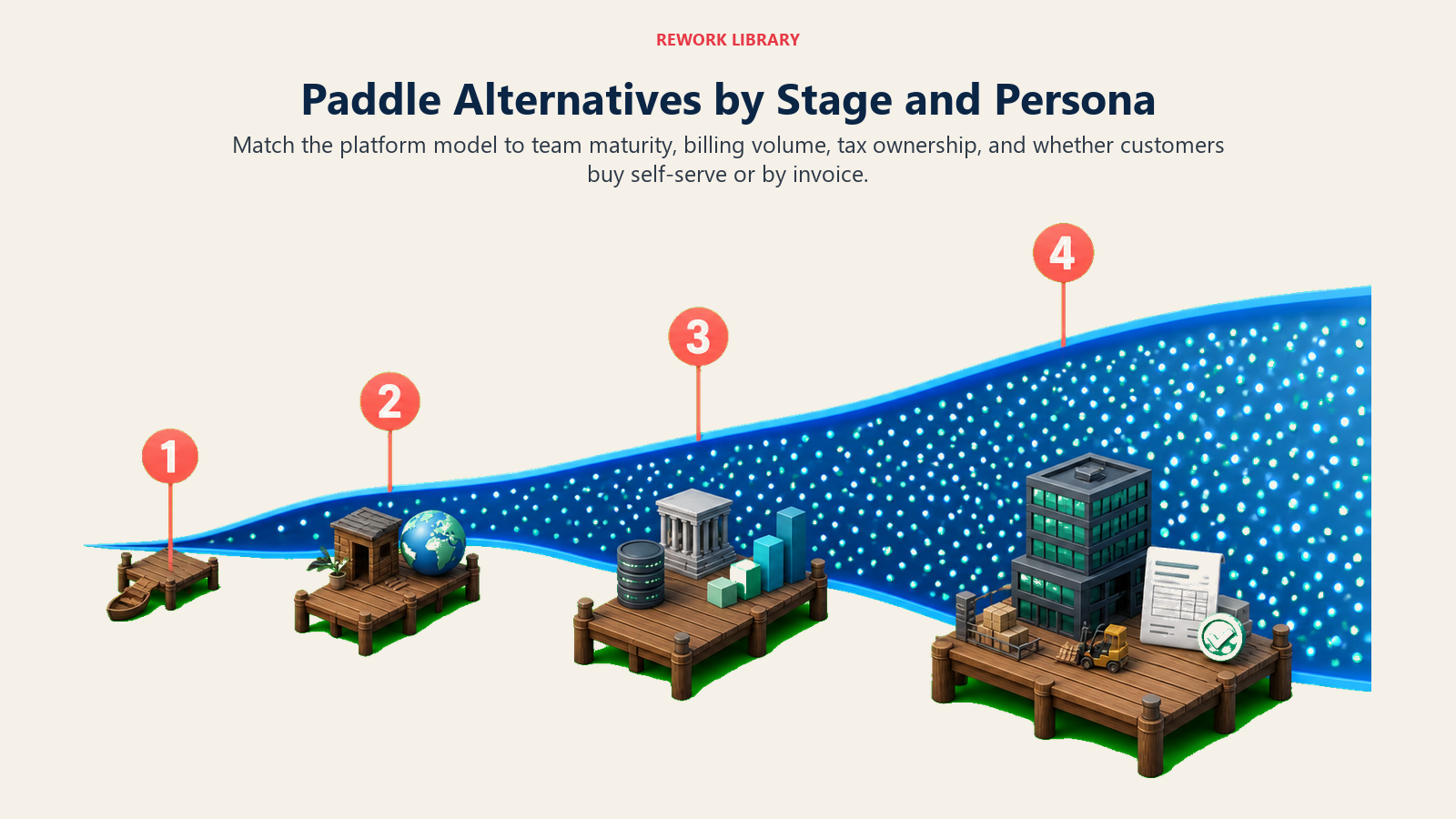 Four revenue docks showing different Paddle alternative stages and buyer personas