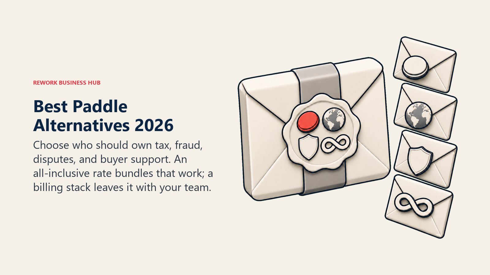 Best Paddle alternatives shown as one sealed all-inclusive envelope beside separate processing, tax, fraud, and billing envelopes