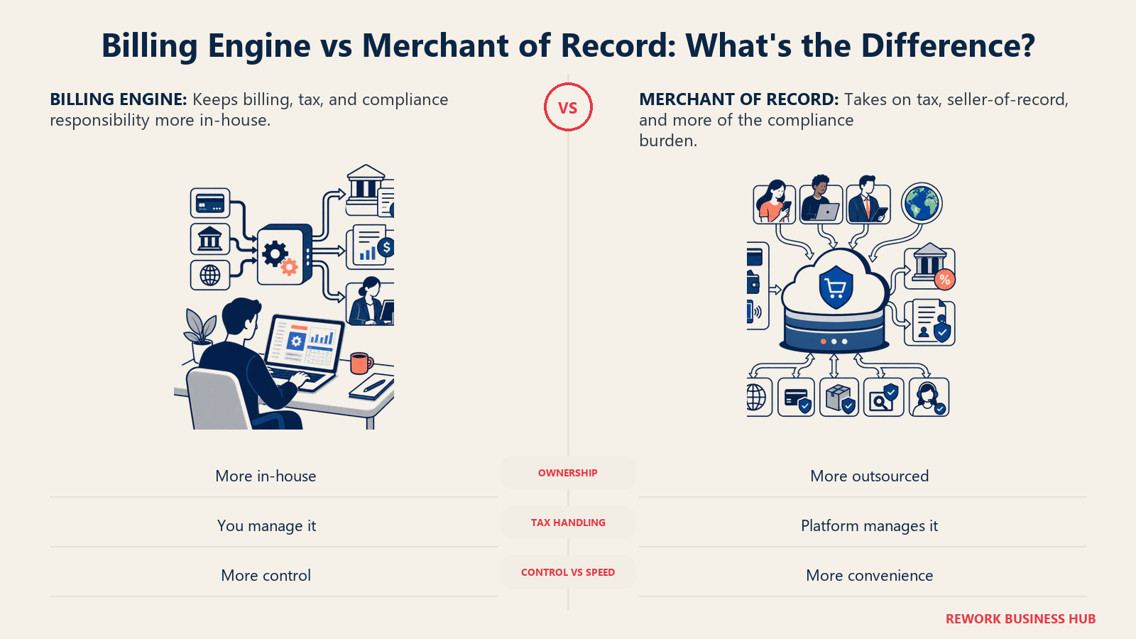 Billing Engine vs Merchant of Record: What's the Difference? comparison visual