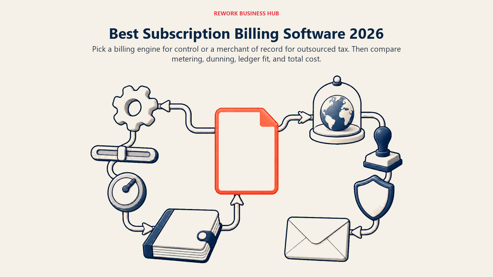 Best subscription billing software shown as one invoice splitting between a configurable billing engine and a tax-shielded merchant-of-record route