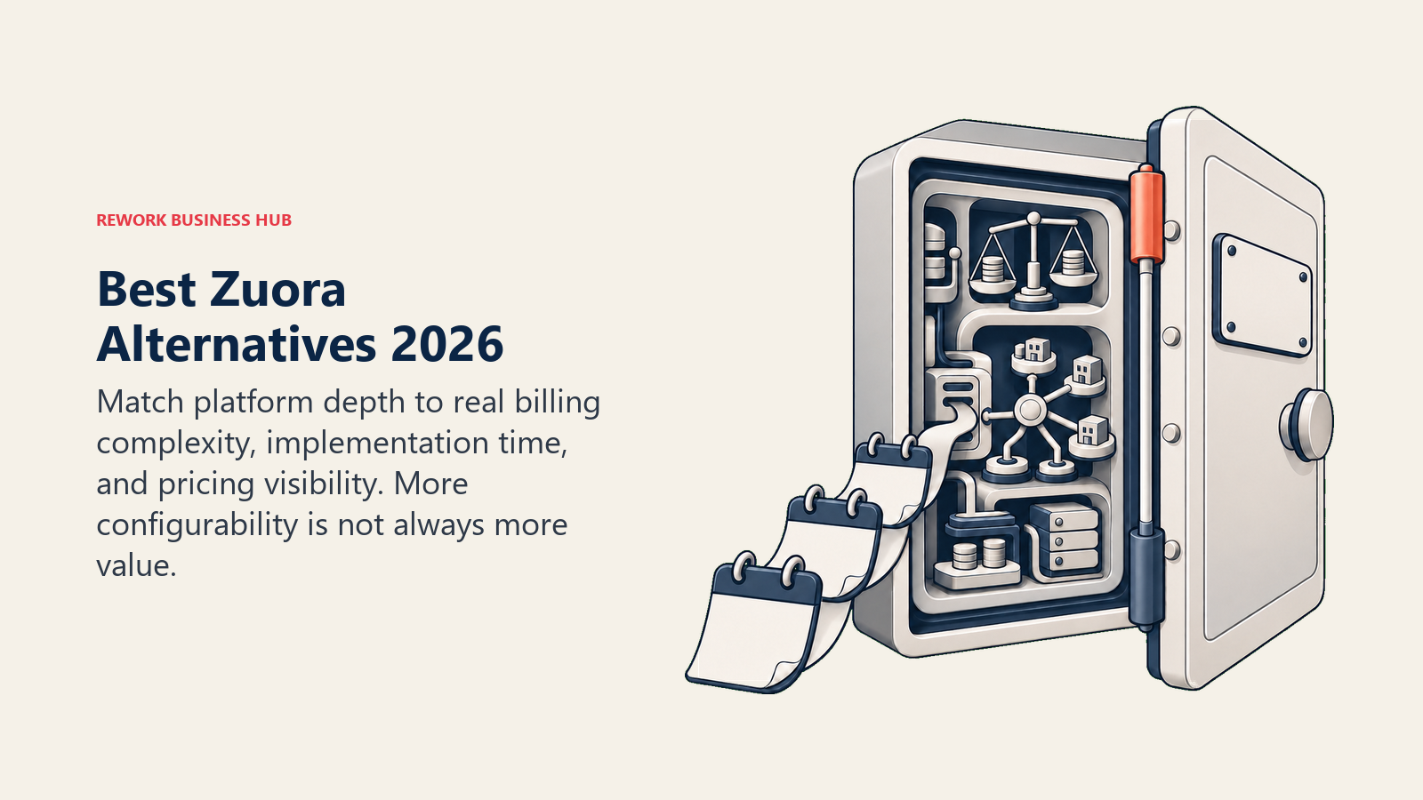 Best Zuora alternatives shown as a deep configurator cabinet behind an unpriced door with a long implementation calendar chain