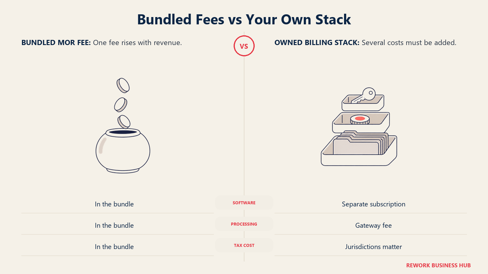 Gebündelte Gebühren vs. eigener Stack: Vergleichen Sie eine umsatzabhängige Gebühr mit den gemeinsamen Kosten für Software, Zahlungsabwicklung und Steuern. Der Kipppunkt hängt von Ihrem Steuer-Fußabdruck ab.