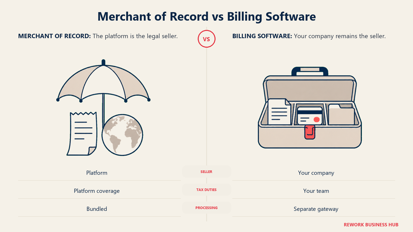 Merchant of Record vs. Abrechnungssoftware: Ein Merchant of Record übernimmt den Verkauf und die abgedeckten Steuerpflichten. Abrechnungssoftware lässt Ihr Unternehmen als Verkäufer zurück.