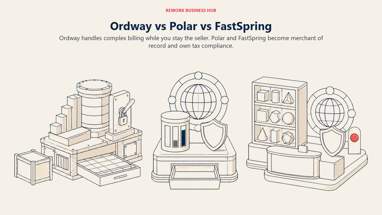 Ordway, Polar dan FastSpring ditunjukkan sebagai sistem pengebilan kompleks, merchant-of-record layan diri dan merchant-of-record yang mantap