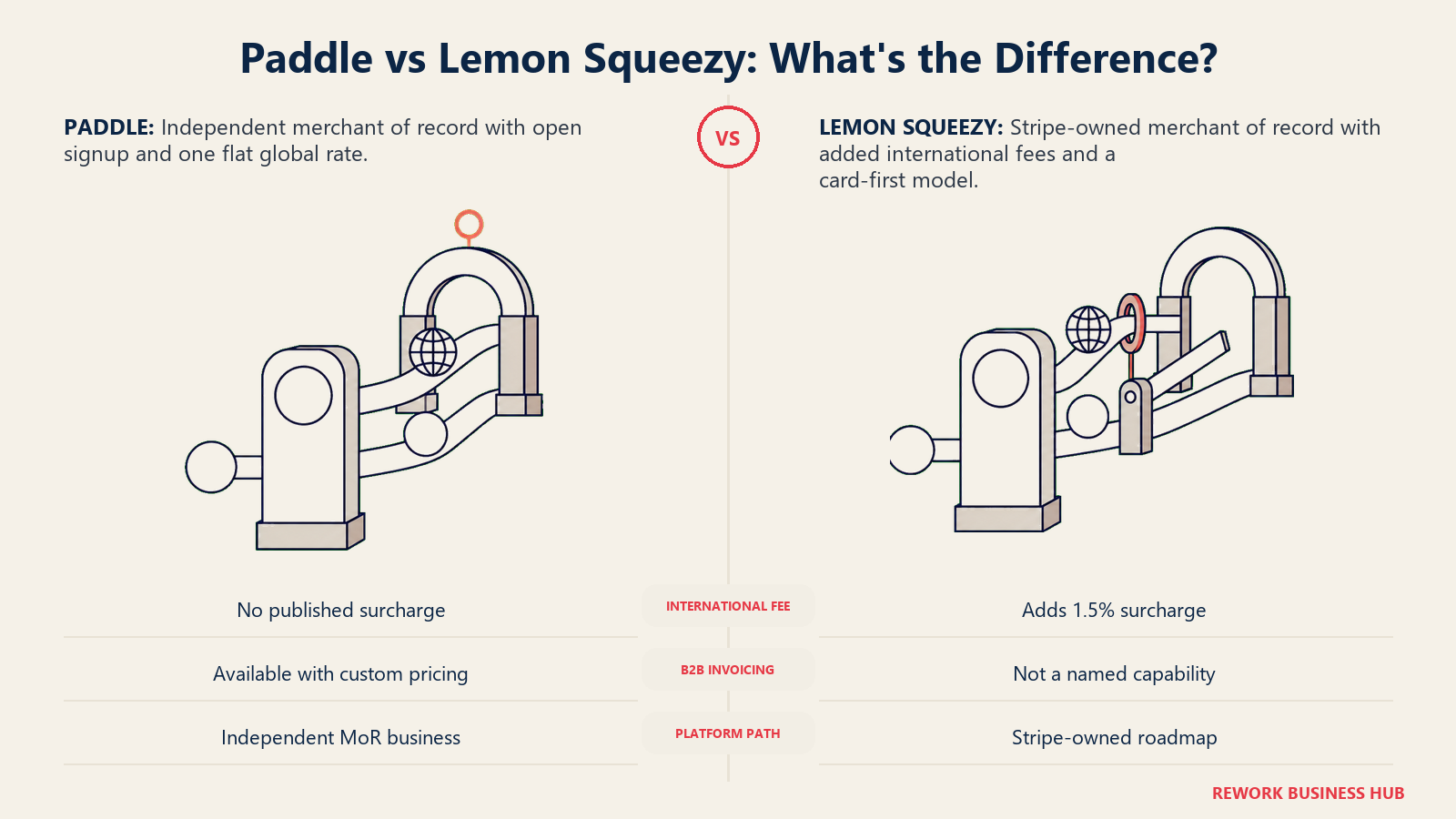 Paddle vs Lemon Squeezy comparison showing matching merchant-of-record gates with one open global route and one route carrying an extra toll and access latch