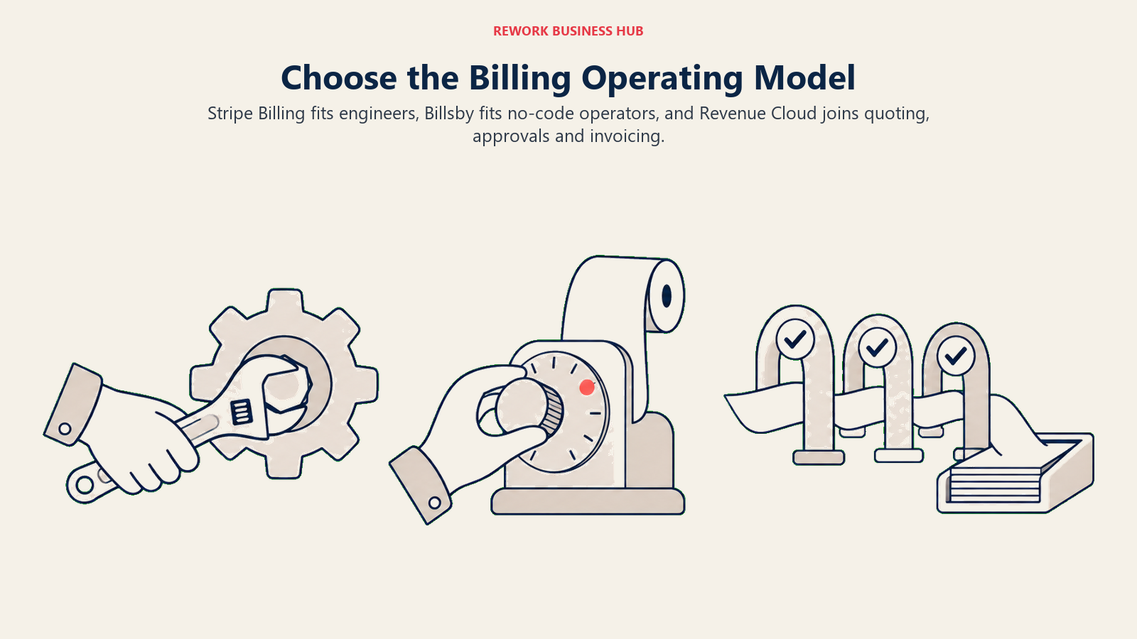 Das Betriebsmodell der Abrechnung wählen: Stripe Billing passt zu Entwicklern, Billsby zu No-Code-Anwendern, und Revenue Cloud verbindet Angebote, Freigaben und Rechnungsstellung.