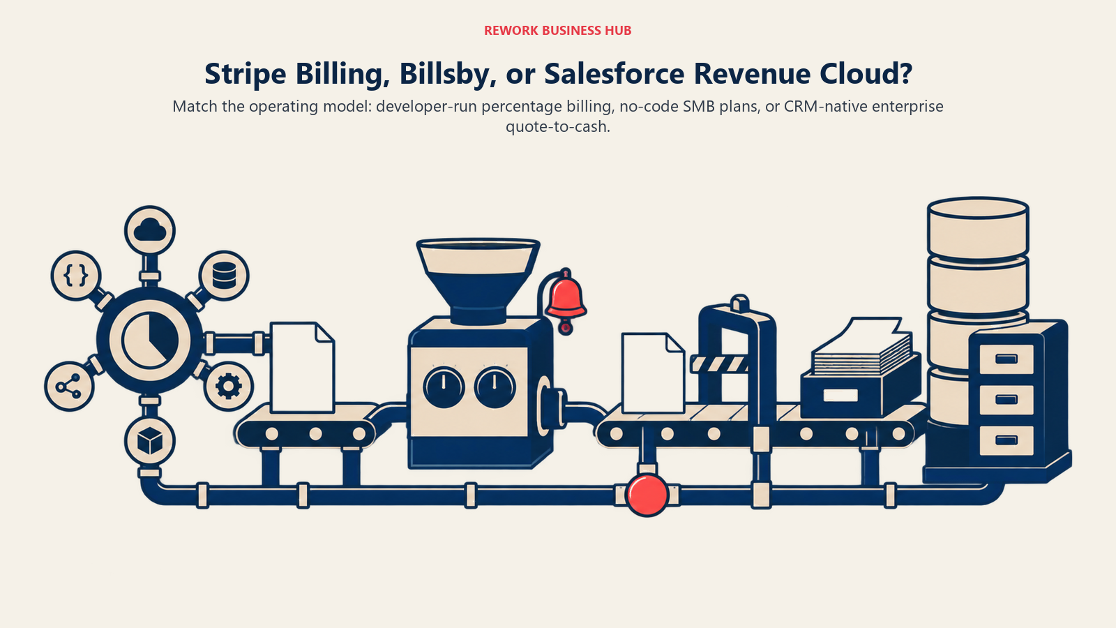 Three billing operating models showing developer metering, no-code plan control, and enterprise quote-to-cash