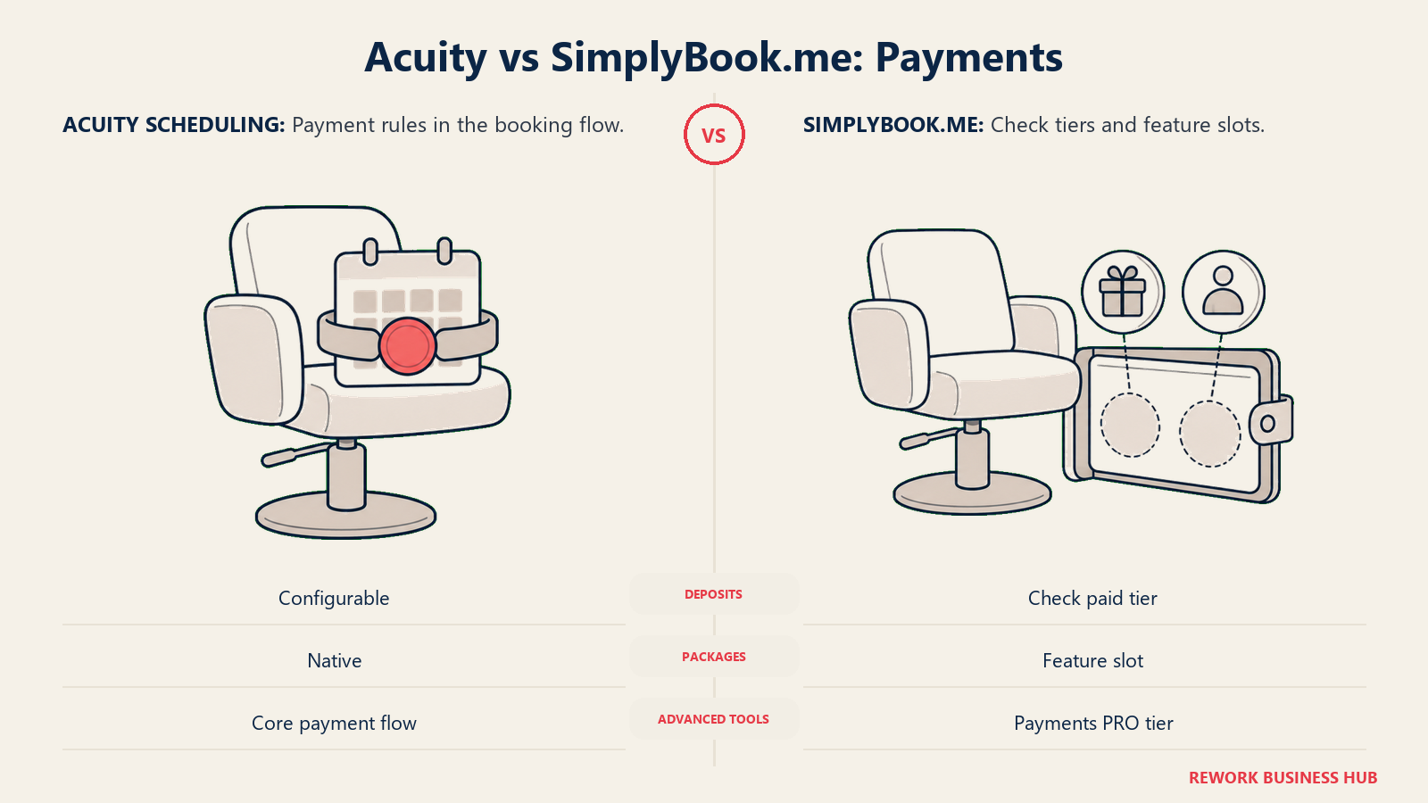 Acuity vs SimplyBook.me: Payments: Check deposits, cancellation rules and package limits. A booking link alone does not protect appointment revenue.