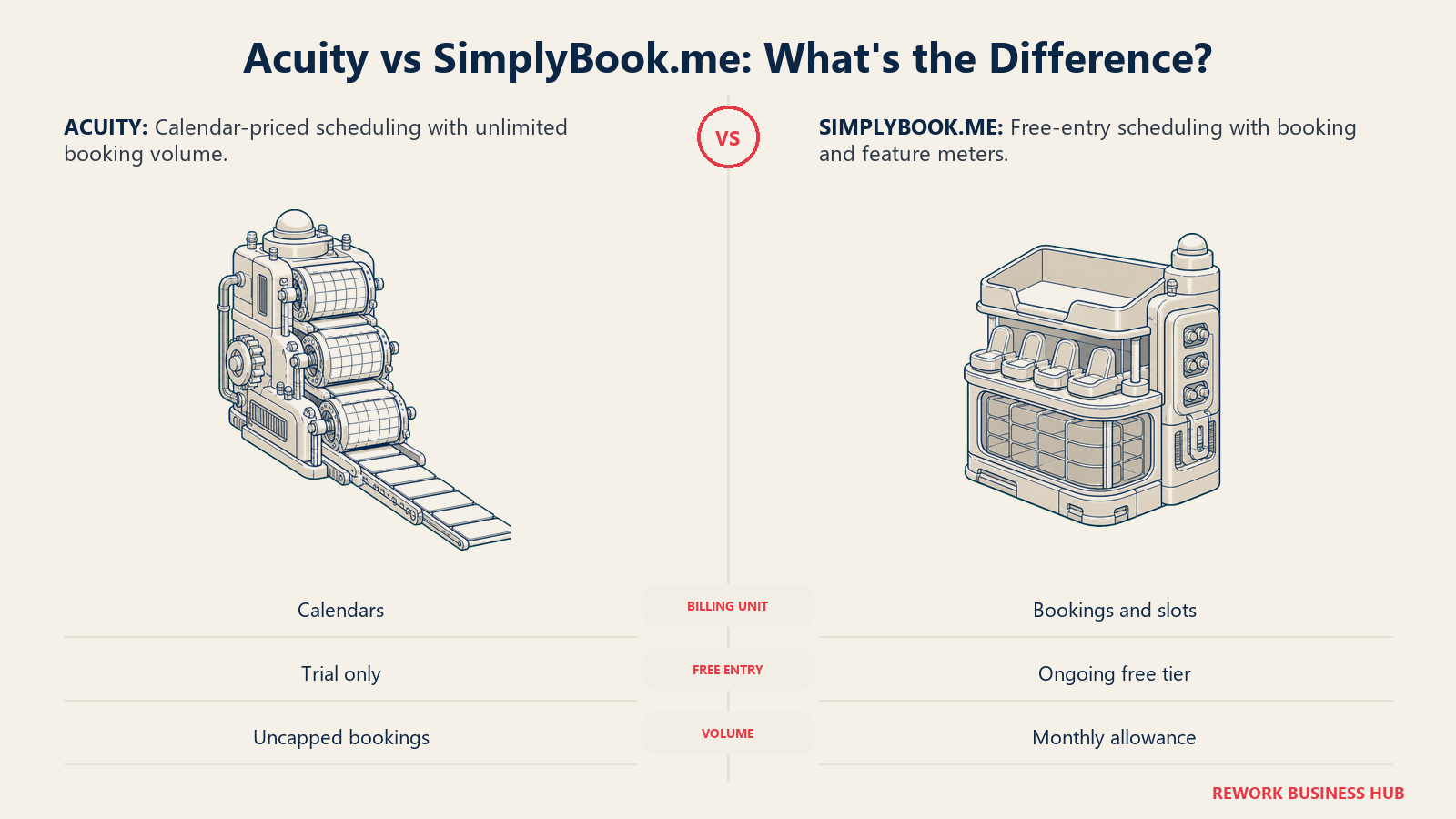 Unlimited-booking calendar lanes compared with a free-entry booking meter for Acuity versus SimplyBook.me