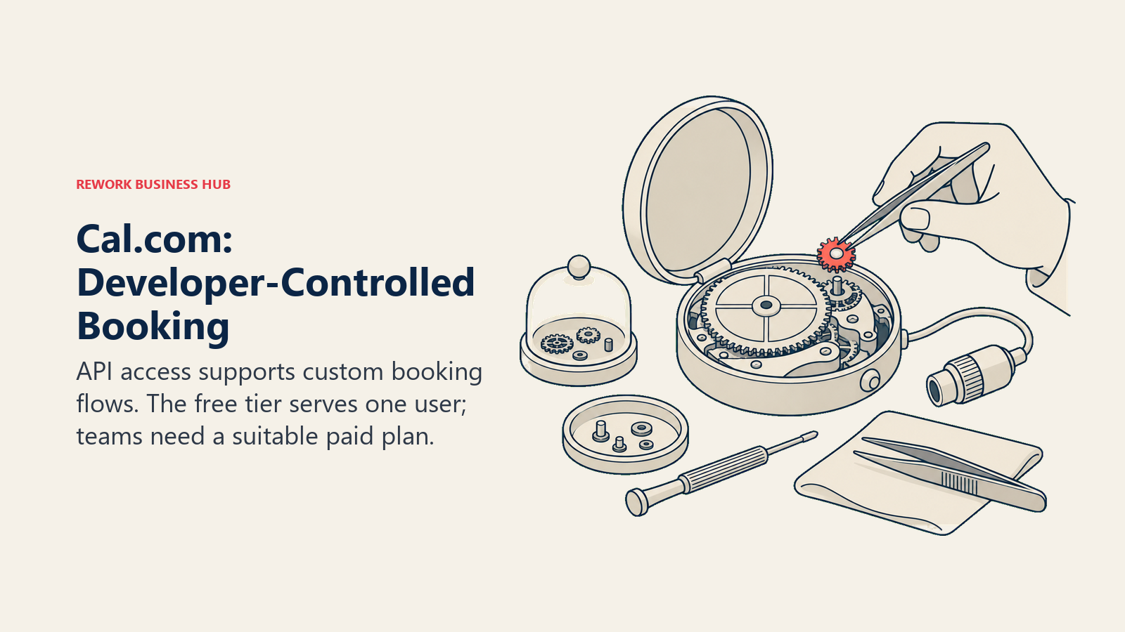 Cal.com: Developer-Controlled Booking: API access supports custom booking flows. The free tier serves one user; teams need a suitable paid plan.
