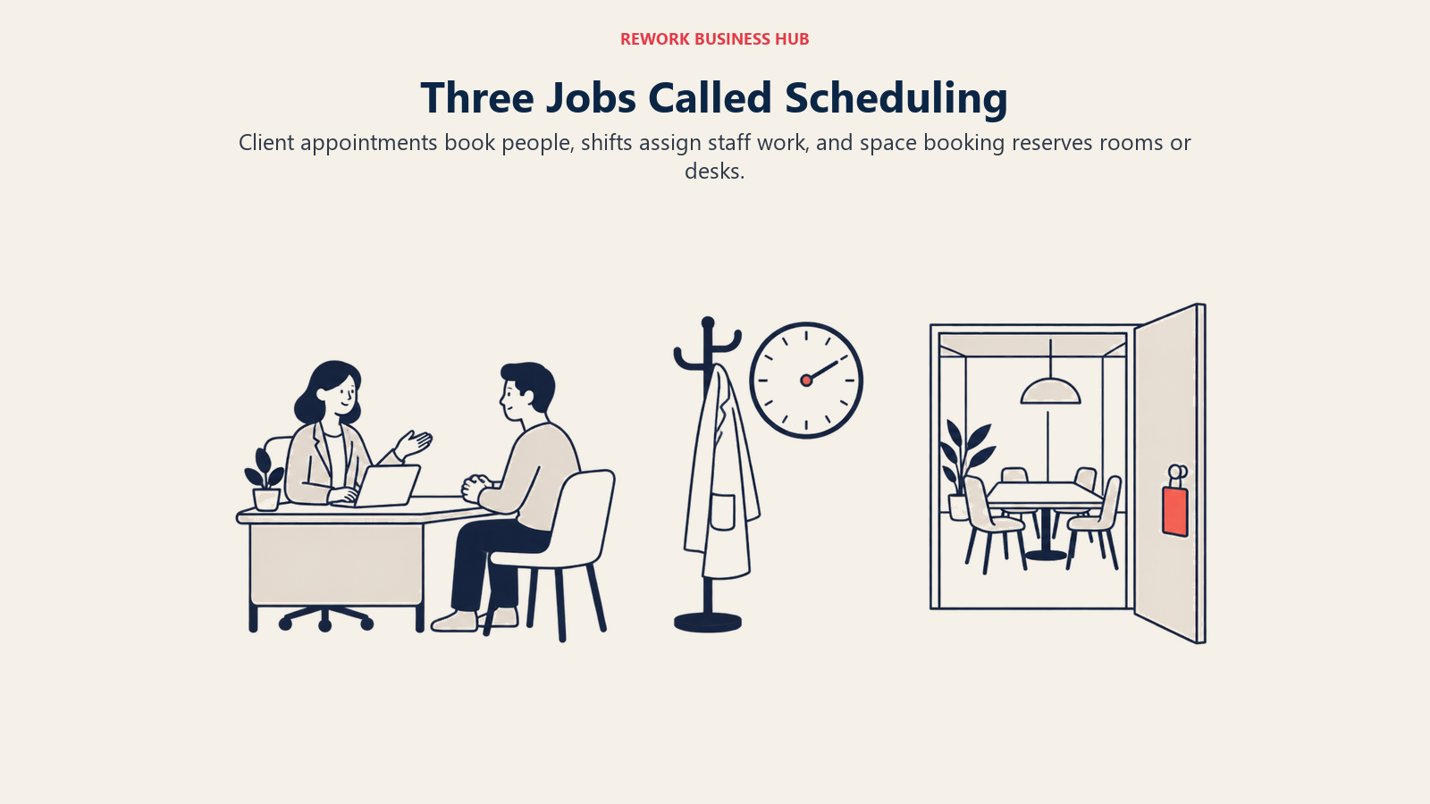 Three Jobs Called Scheduling: Client appointments book people, shifts assign staff work, and space booking reserves rooms or desks.