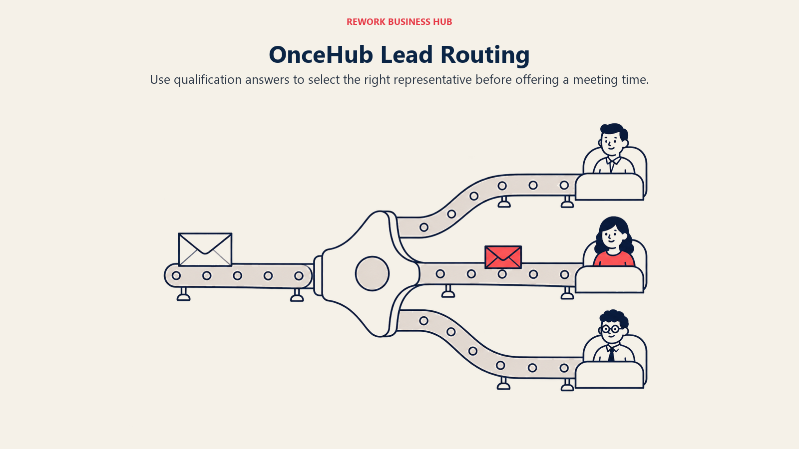 OnceHub Lead Routing: A broad gentle three-way sorting path: one client request envelope enters a sculpted selector in the center, then three curved routes reach distinct representative seats.