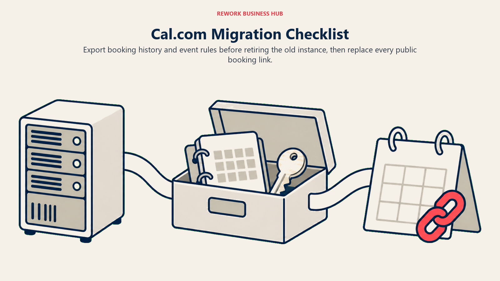 Cal.com Migration Checklist: A broad migration workbench: at left a compact server cabinet with its power still on, at center an open archive case receiving a calendar binder and settings key, at right a fresh appointment sign with a coral link-shaped clasp.