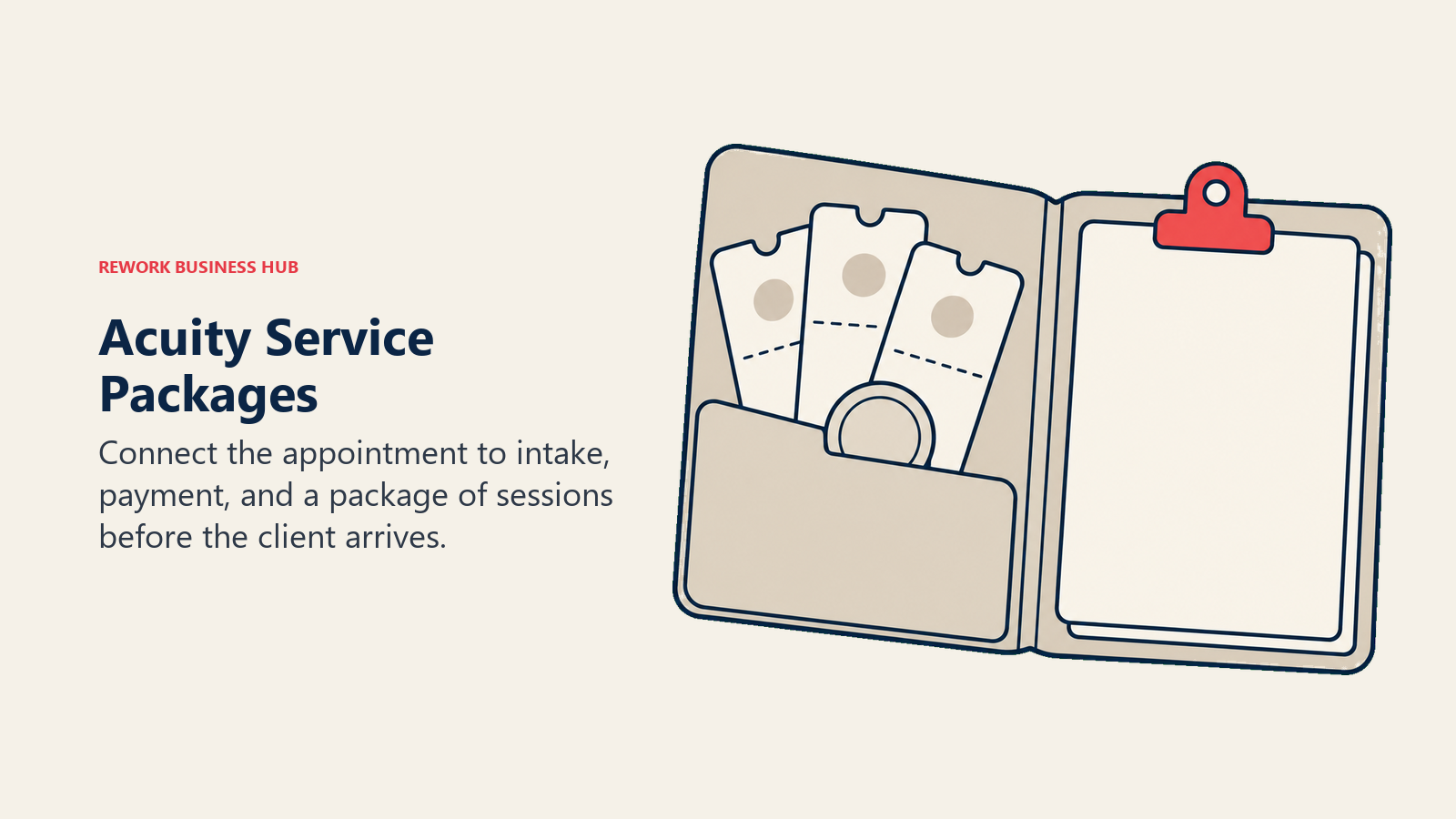 Acuity Service Packages: An open appointment folio containing a neat fan of three session tickets, a simple payment token, and one blank intake sheet held by a coral clip.