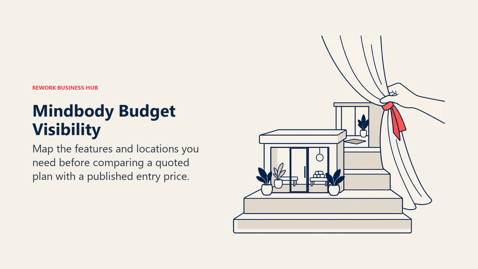 Mindbody Budget Visibility: A small wellness studio model resting on a stepped pedestal where the lowest step is visible and the higher steps are partly hidden behind a lifted curtain.