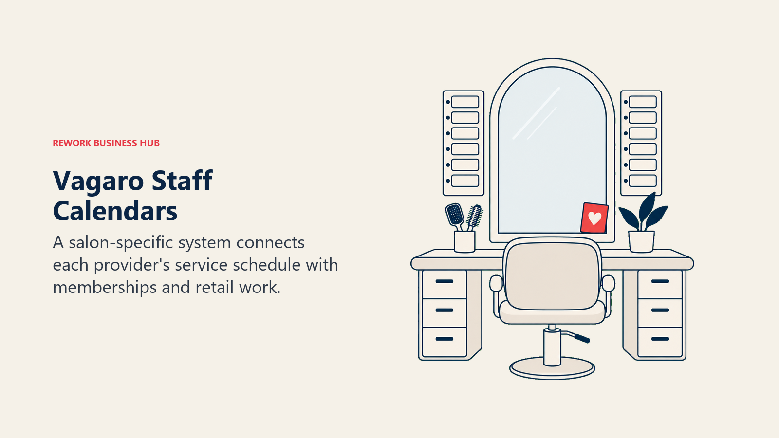 Vagaro Staff Calendars: An elegant salon mirror framed by two distinct staff appointment strips, with a styling chair below and one coral membership pass tucked at the mirror corner.