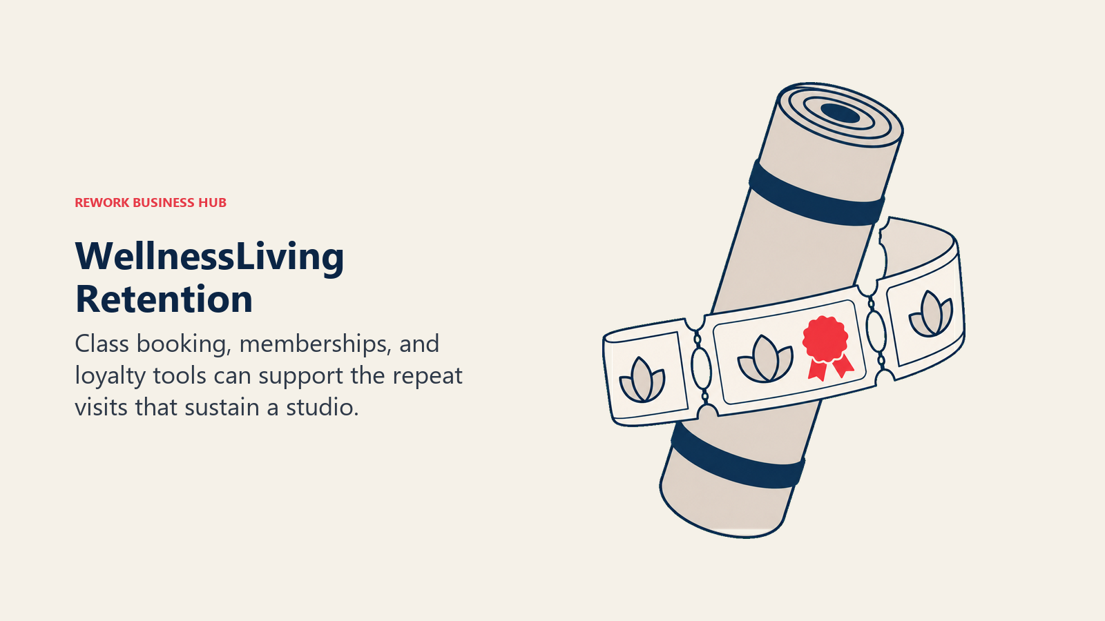 WellnessLiving Retention: A softly curved loop of studio attendance tickets wrapping around one rolled exercise mat, with a coral reward seal on the ticket returning to the front.