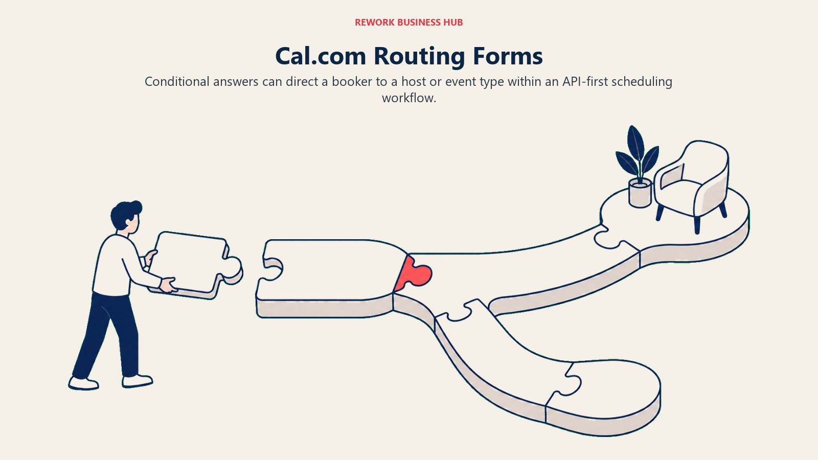 Cal.com Routing Forms: A broad configurable path assembled from three large rounded puzzle-like sections; an incoming blank form tile fits a shaped junction and opens one route toward a host's chair.